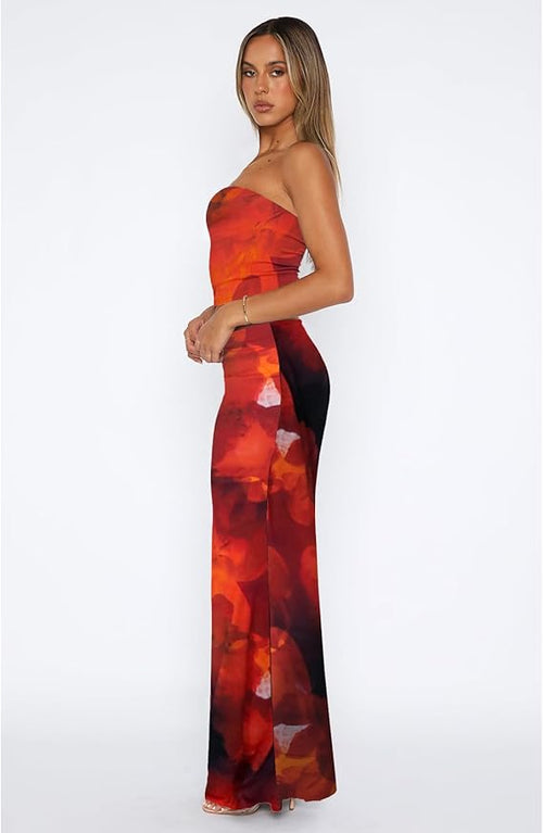 2 Piece Skirt Sets for Women Summer, Floral Sleeveless Tube Top Bodycon Maxi Skirts Y2k Vacation Going Out Outfits