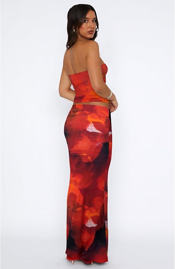 2 Piece Skirt Sets for Women Summer, Floral Sleeveless Tube Top Bodycon Maxi Skirts Y2k Vacation Going Out Outfits