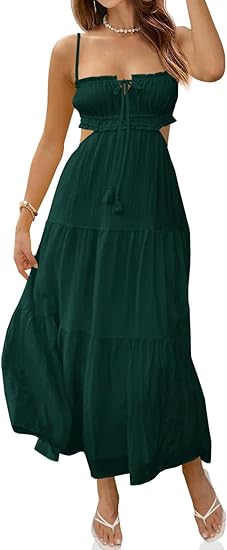 Fisoew Women's Spaghetti Strap Maxi Dress Summer Sleeveless Side Cut Out Dress Casual Boho Backless Flowy Long Dresses