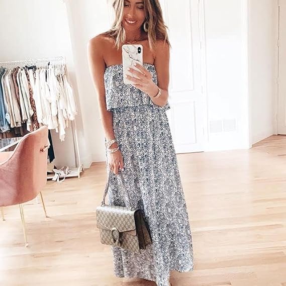 ZMPSIISA Women's Summer Off The Shoulder Maxi Dress Ruffle Strapless Blue White Porcelain Boho Casual Loose Long Dresses
