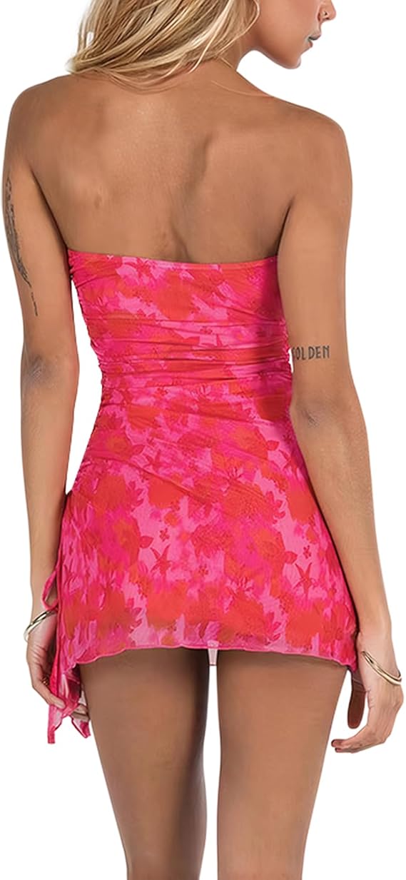 Women's Strapless Tube Dress Sheer Floral Print Ruched Bodycon Mini Dress Sexy Party Club Bandeau Short Dresses
