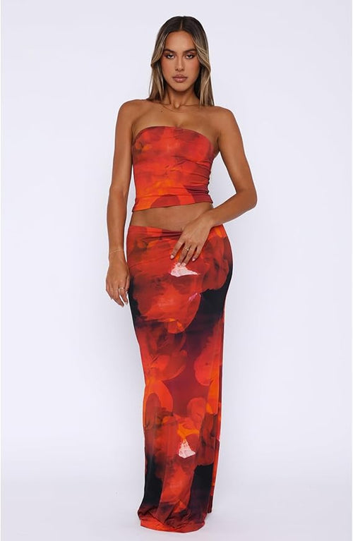 2 Piece Skirt Sets for Women Summer, Floral Sleeveless Tube Top Bodycon Maxi Skirts Y2k Vacation Going Out Outfits