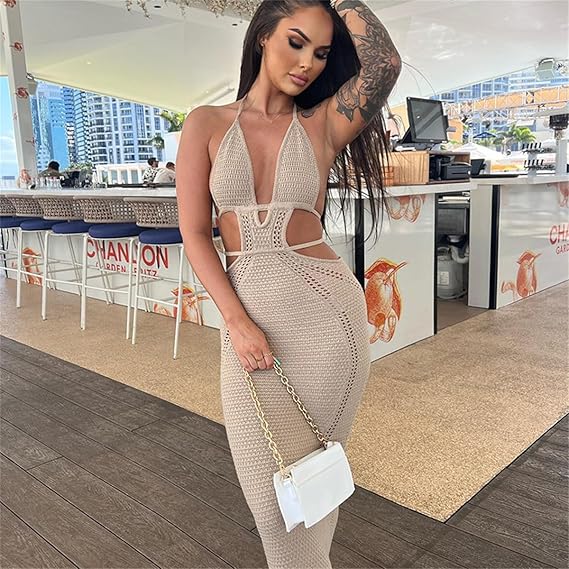 Women Sexy V Neck Bodycon Sweater Dress Knitted Halter Backless Hollow Out Waist Maxi Dress Party Club Long Dresses