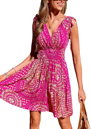 CUPSHE Women's Summer Beach Mini Dress V Neck Short Sleeve Paisley Printed Smocked Waist Short Dress