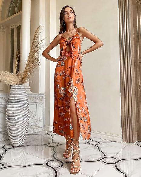 Fashionme Women Spaghetti Strap Midi Satin Dresses Tie Front Backless Split Hollow Dress