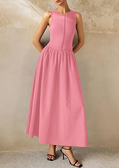 PRETTYGARDEN Maxi Dresses for Women 2025 Summer Casual Sleeveless Patchwork Flowy Vacation Sundress Knit Long Work Tank Dress