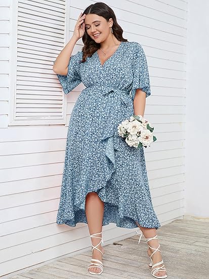SCOMCHIC Women Plus Size Maxi Dress Short Sleeve Wrap V Neck High Low Split Ruffle Long Dress