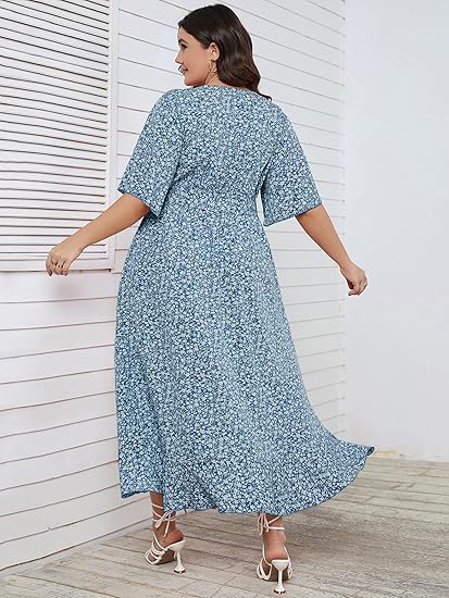 SCOMCHIC Women Plus Size Maxi Dress Short Sleeve Wrap V Neck High Low Split Ruffle Long Dress