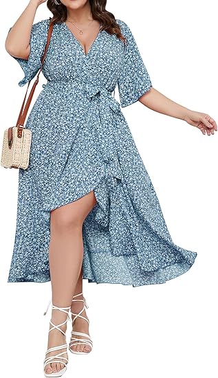 SCOMCHIC Women Plus Size Maxi Dress Short Sleeve Wrap V Neck High Low Split Ruffle Long Dress