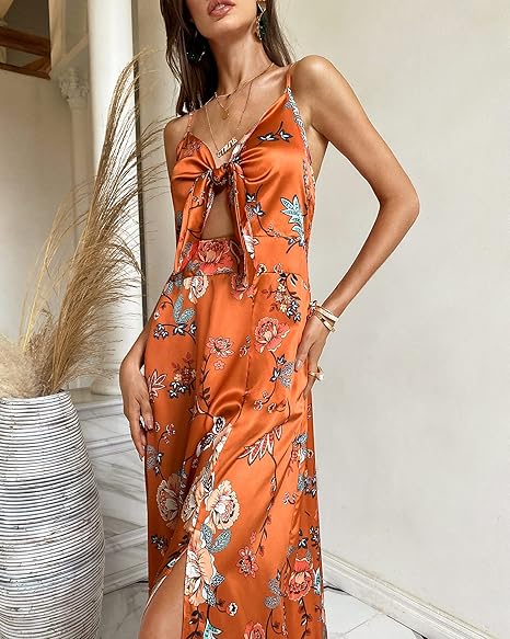 Fashionme Women Spaghetti Strap Midi Satin Dresses Tie Front Backless Split Hollow Dress
