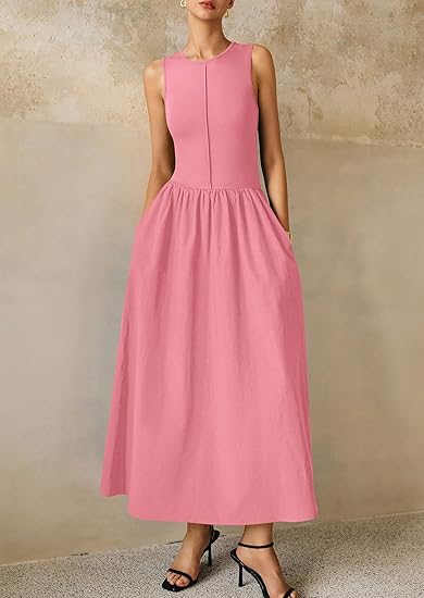 PRETTYGARDEN Maxi Dresses for Women 2025 Summer Casual Sleeveless Patchwork Flowy Vacation Sundress Knit Long Work Tank Dress