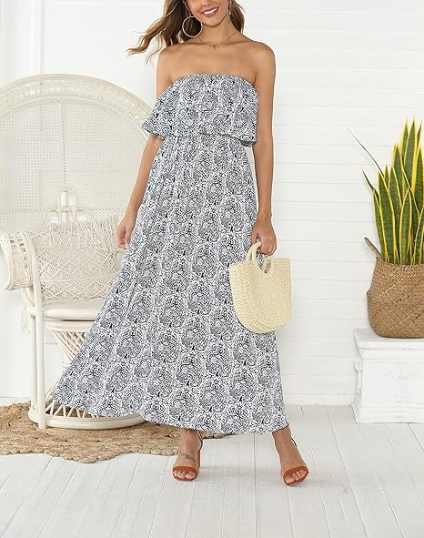 ZMPSIISA Women's Summer Off The Shoulder Maxi Dress Ruffle Strapless Blue White Porcelain Boho Casual Loose Long Dresses