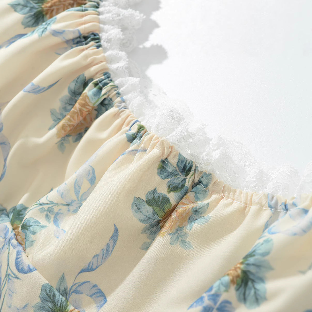 Square neck bubble sleeve printed lace patchwork dress for women