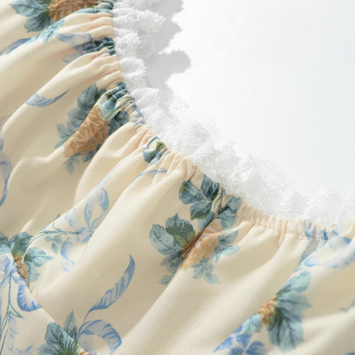 Square neck bubble sleeve printed lace patchwork dress for women