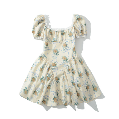 Square neck bubble sleeve printed lace patchwork dress for women